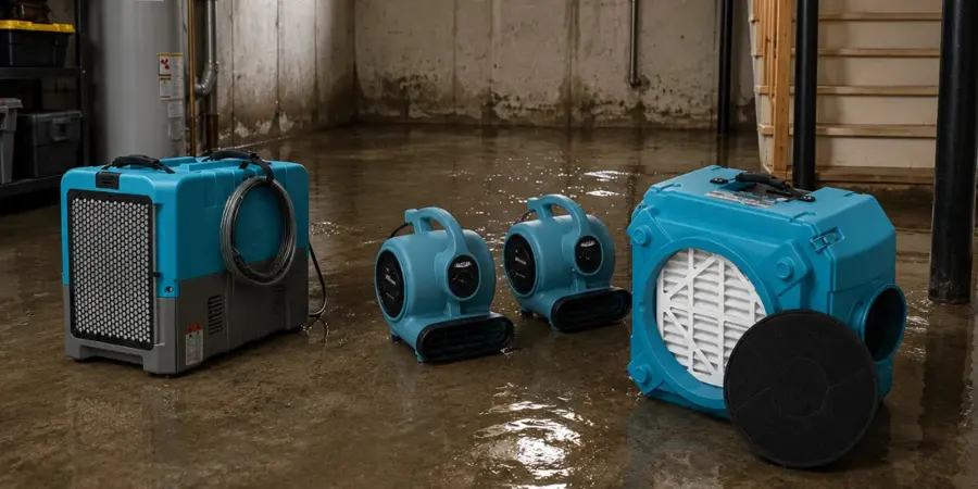 Air movers drying an Orem basement after spring snowmelt flooding in Geneva Heights