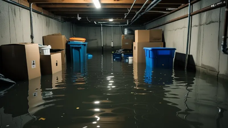 Standing water flooding a finished basement in an Orem home