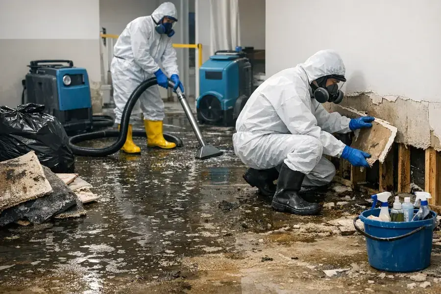 Technician in protective gear cleaning a sewage backup in Orem